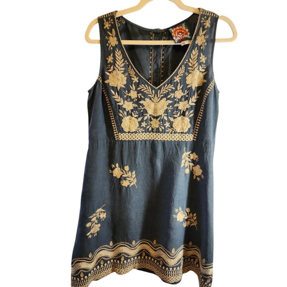 Johnny Was Dresses & Skirts - JOHNNY WAS 100% LINEN BLUE SHIFT DRESS IVORY FLORAL EMBROIDERY SIZE SMALL BOHO